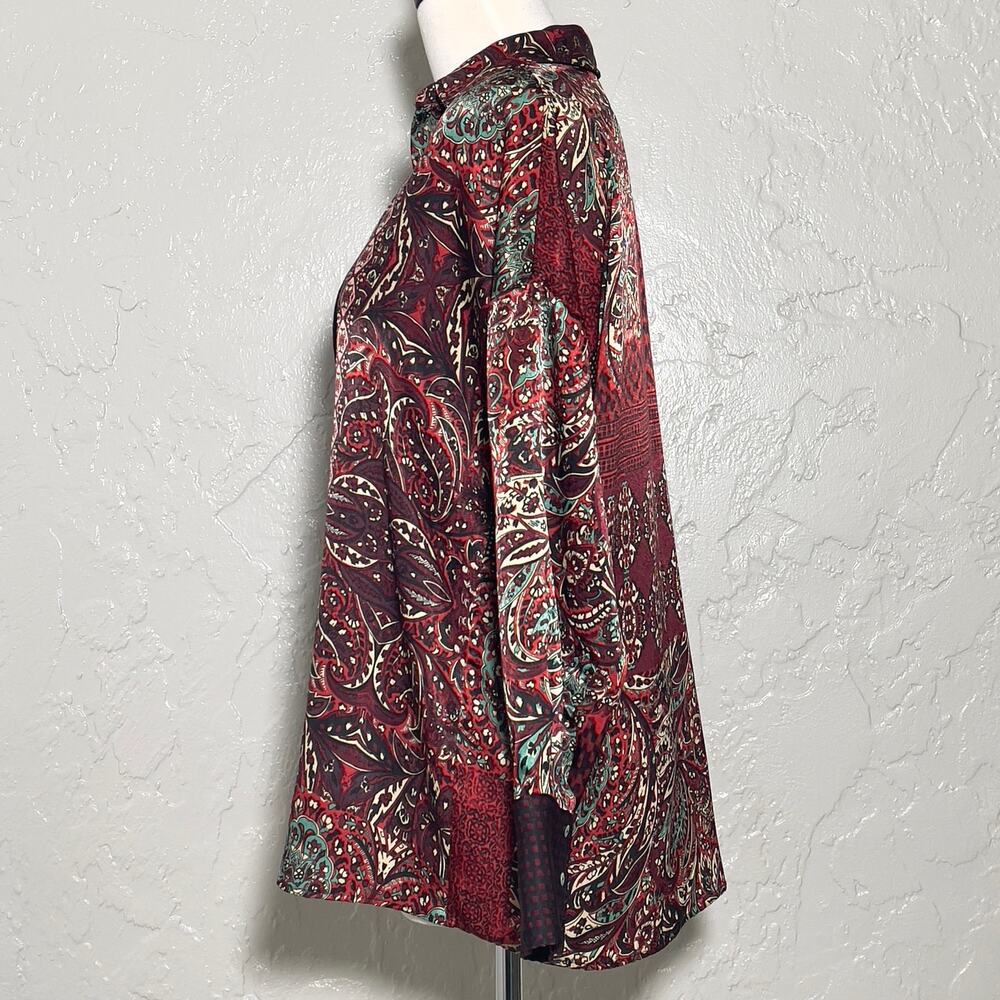 Zara SZ S Red Green Holiday Blouse Button Down Top - Picture 3 of 7